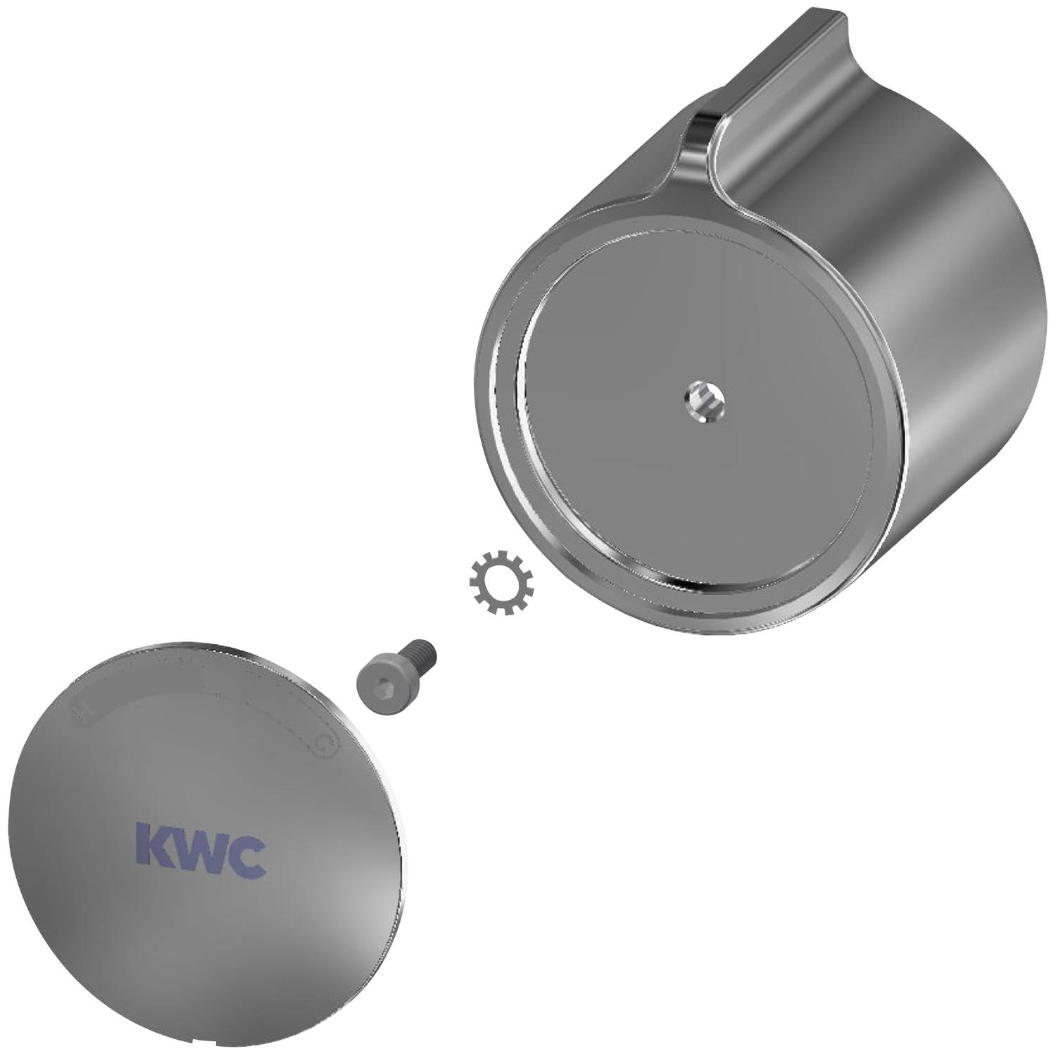 Eine mechanische Teileansammlung zeigt eine zylindrische Metallkomponente mit Schrauben und einem Zahnrad, mit der Beschriftung 'KWC', was auf eine Marke oder einen Stil hinweist.