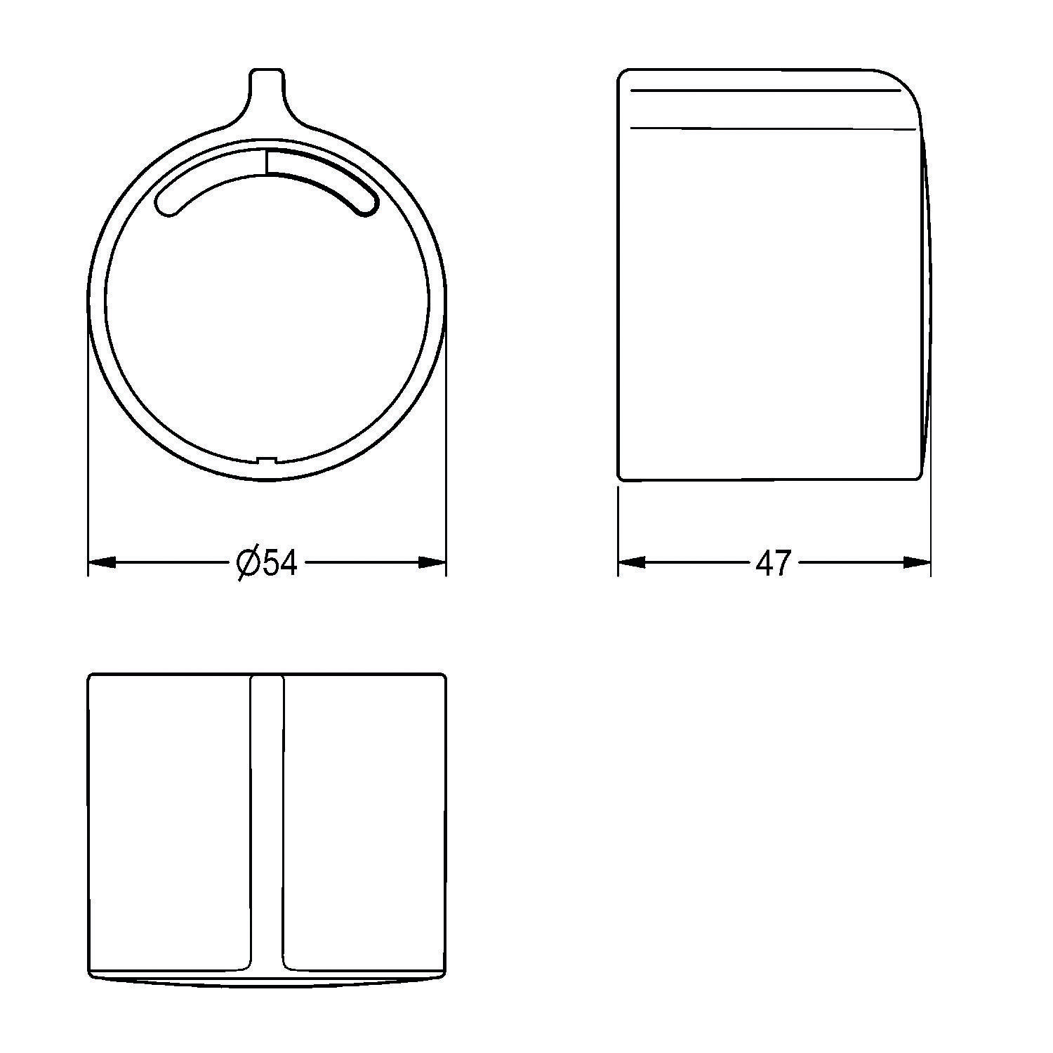 Technische Zeichnung eines zylindrischen Objekts, die die Vorderansicht mit einem Durchmesser von 54 mm und die Seitenansicht mit einer Breite von 47 mm zeigt.