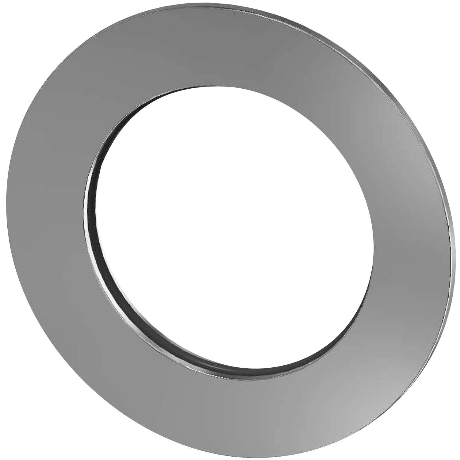 Eine kreisförmige Metallunterlegscheibe mit einem zentralen Loch vor einem schwarzen Hintergrund.
