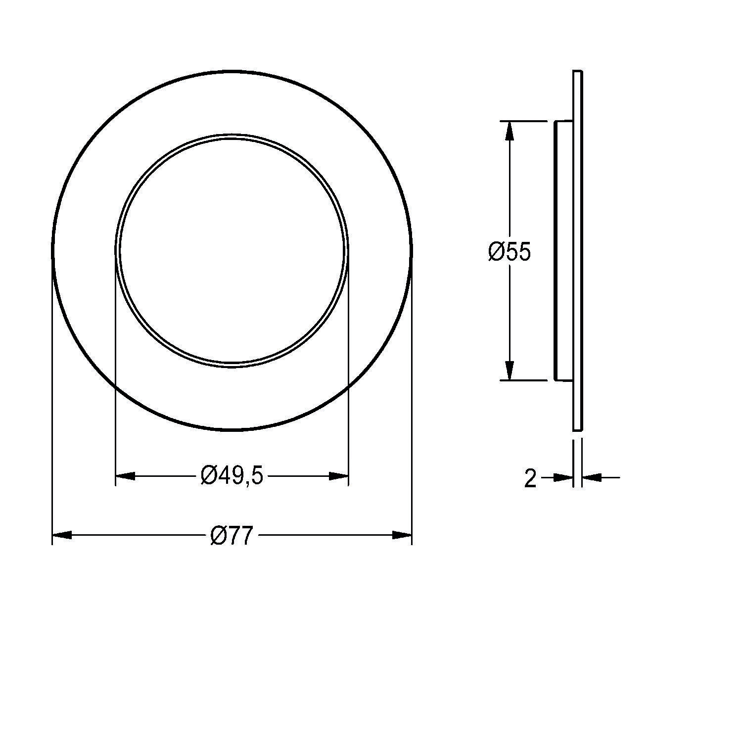 Diagramm eines runden Objekts mit Durchmessermessungen: Frontansicht 77 mm, innerer Kreis 49,5 mm; Seitenansicht zeigt eine Dicke von 2 mm, einen weiteren Durchmesser von 55 mm.