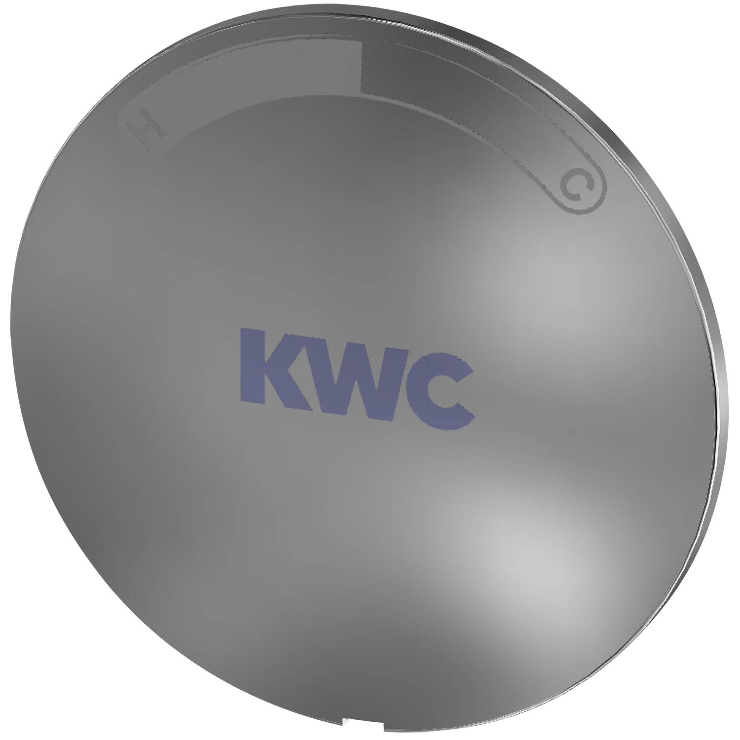 Ein rundes metallisches Objekt mit der Gravur 'KWC' in der Mitte, das Temperaturanzeigen mit 'H' für heiß und 'C' für kalt zeigt.