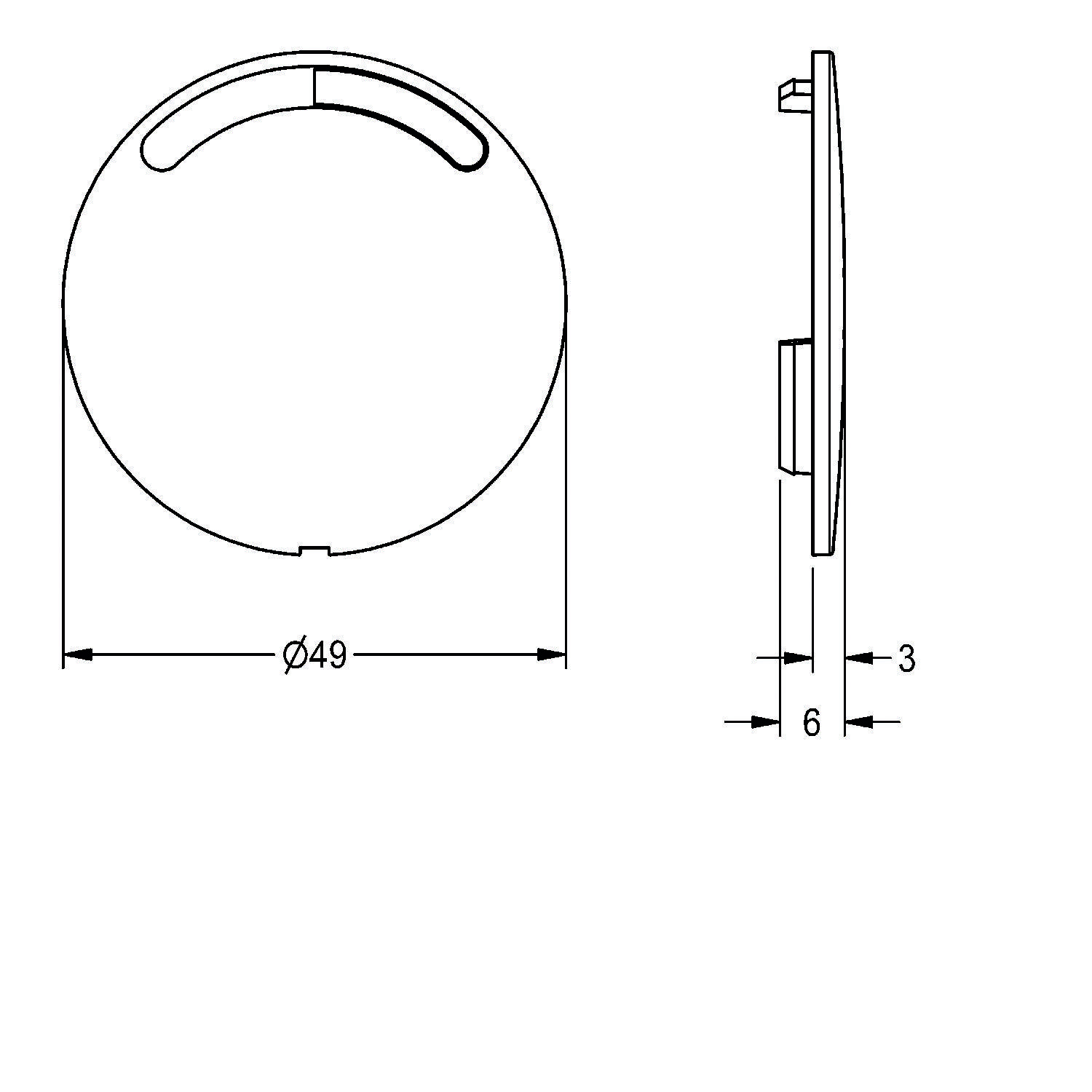 Technische Zeichnung einer runden Scheibe mit Draufsicht, die einen Durchmesser von 49 mm zeigt, und Seitenansicht, die eine Dicke von 3 mm und einen Abstandshalter von 6 mm angibt.