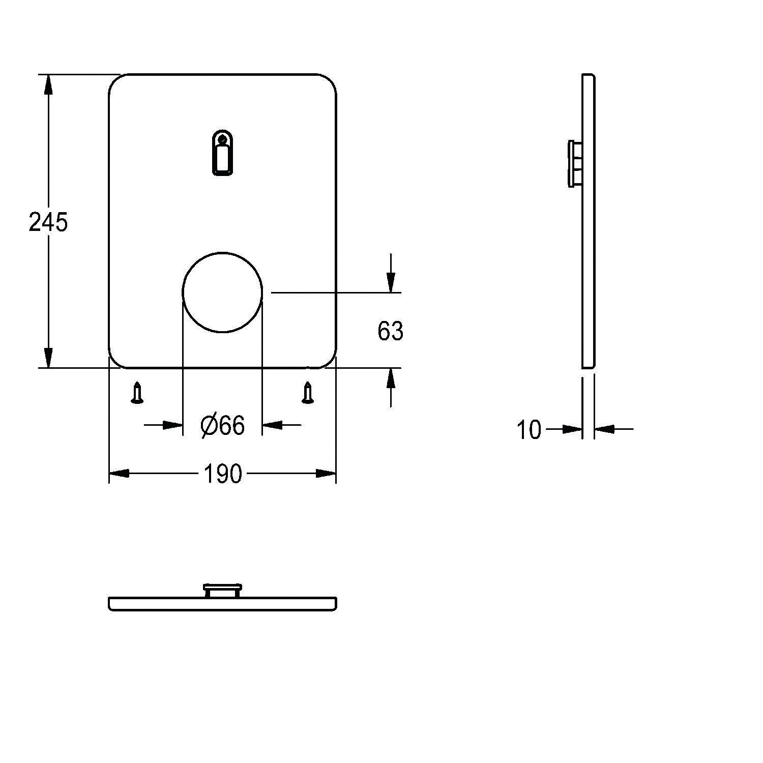 Technische Zeichnung einer rechteckigen Platte mit einem zentralen kreisförmigen Loch, Schlüsselloch und einer Seitendicke von 10 mm. Abmessungen: 245 mm Höhe, 190 mm Breite, 66 mm Kreisdurchmesser, 63 mm Lochabstand vom Boden.