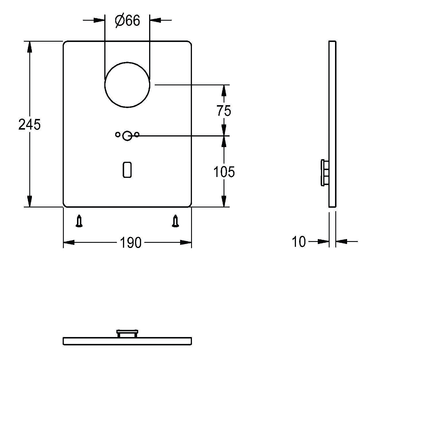 Technische Zeichnung eines rechteckigen Geräts mit Front- und Seitenansicht. Frontabmessungen: 245 mm Höhe, 190 mm Breite. Kreisausschnitt an der Oberseite, 60 mm Durchmesser. Seitentiefe: 10 mm.