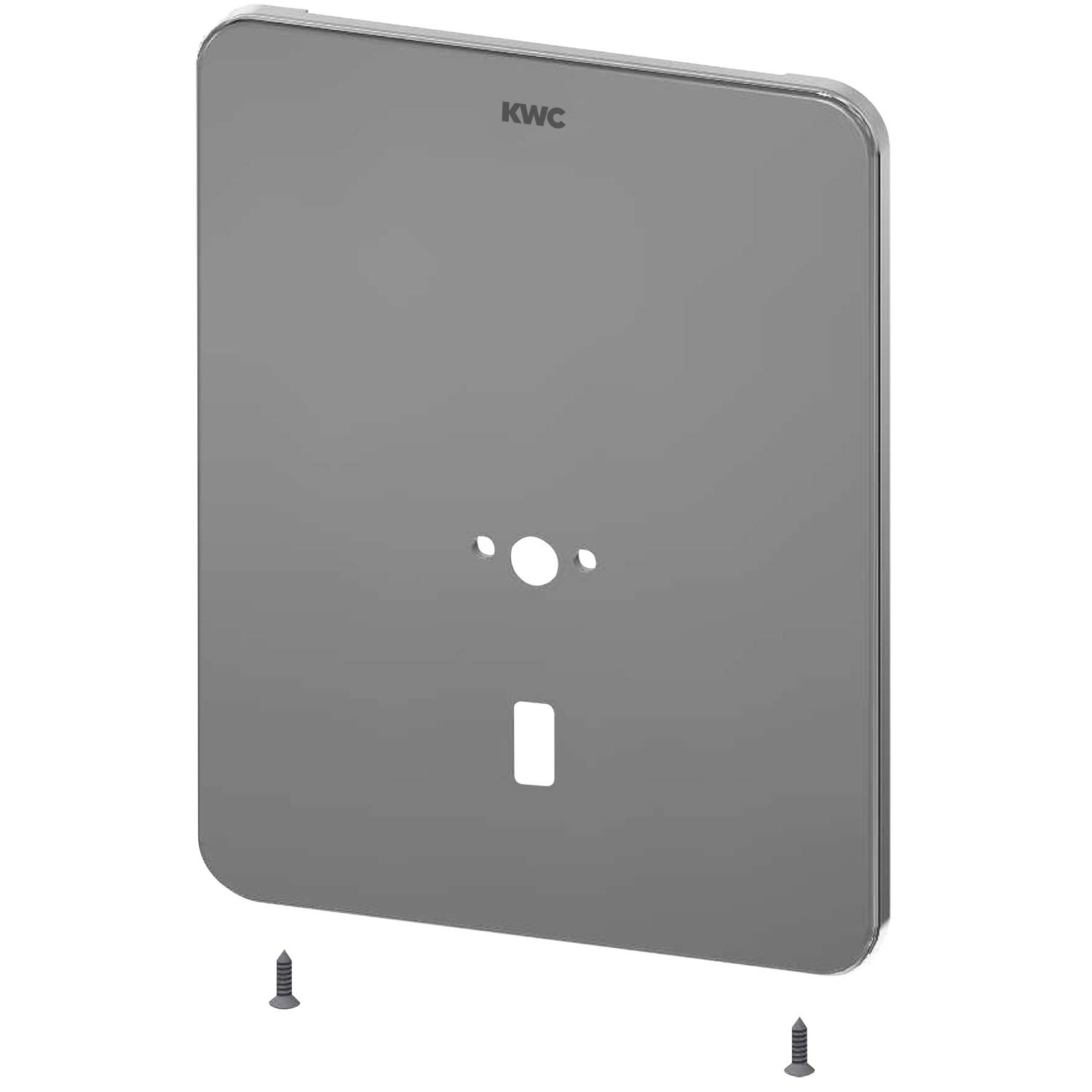 Eine schlichte, rechteckige Metallplatte mit einer kleinen Aussparung in der unteren Mitte, Löchern zur Befestigung und 'KWC' Branding am oberen Rand.