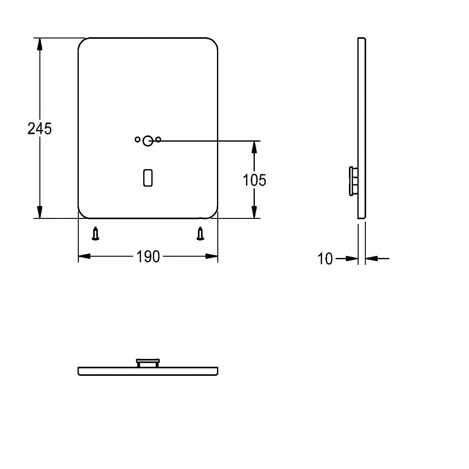 Technische Zeichnung eines rechteckigen Objekts mit Abmessungen: 245 mm Höhe, 190 mm Breite, 10 mm Tiefe. Enthält Befestigungslöcher.