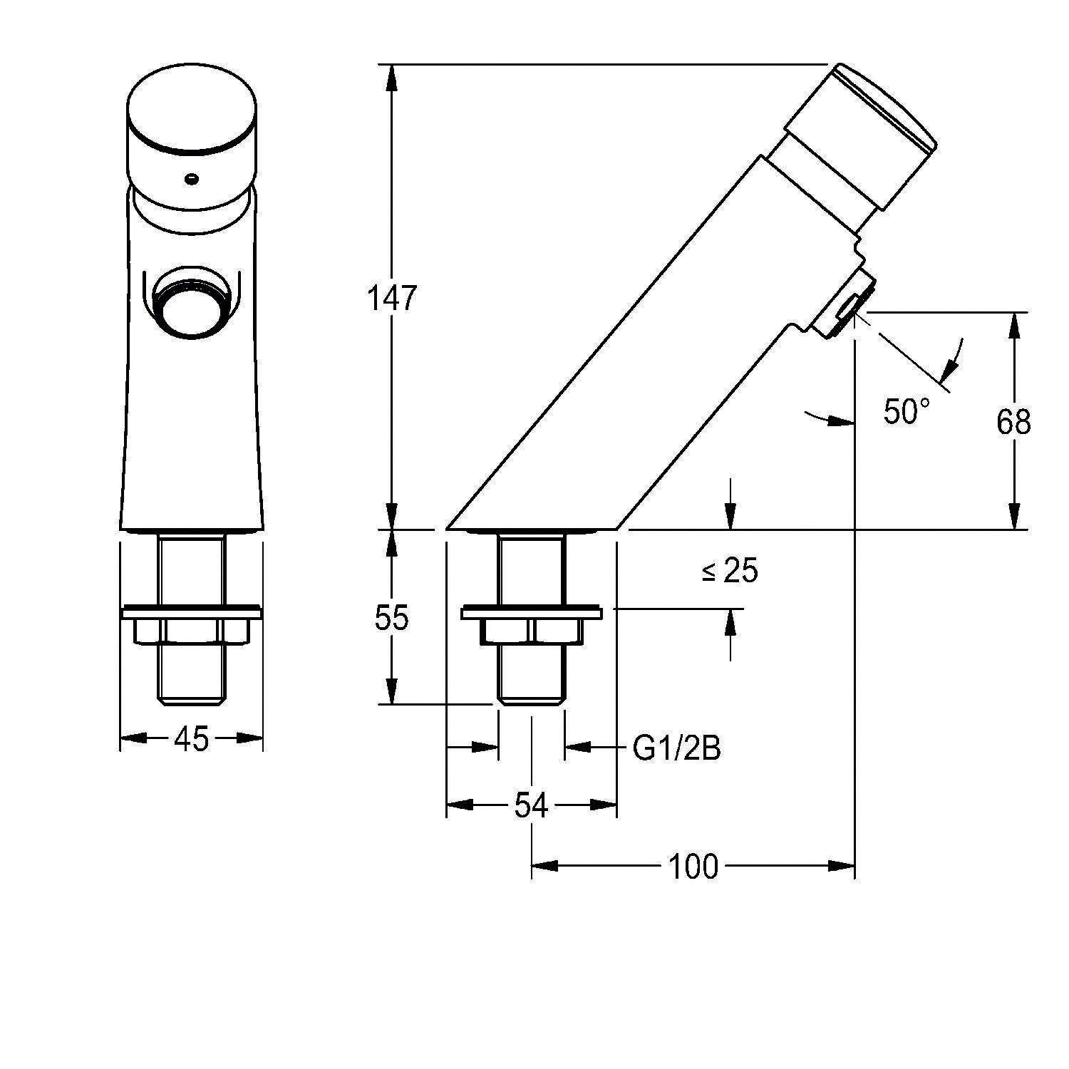 Diagramm eines Wasserhahns mit Seiten- und Winkelansichten. Dimensionen sind markiert: Höhe 147 mm, Auslaufwinkel 50°, Basisdurchmesser 45 mm und Höhe 68 mm.