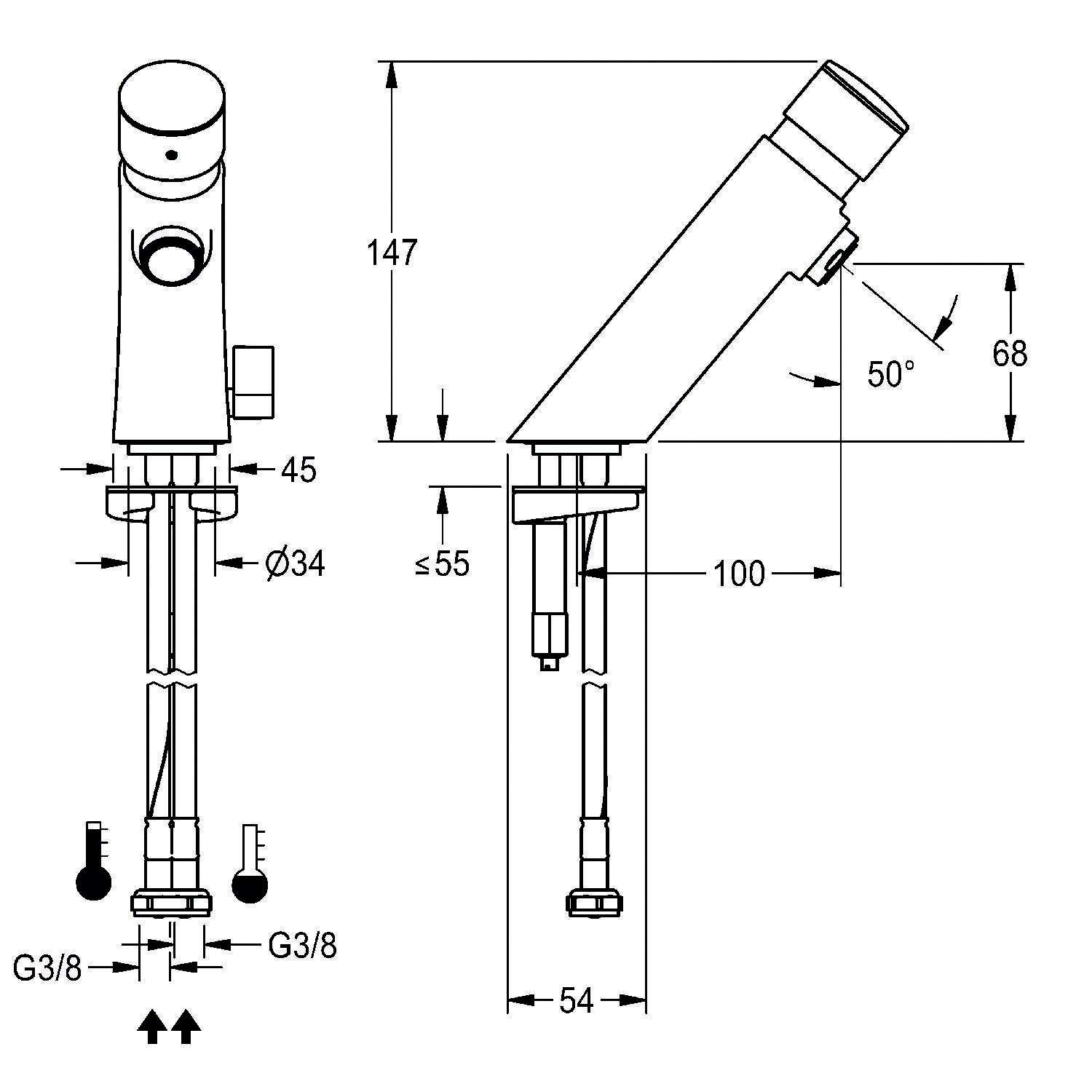 Technische Zeichnung mit Abmessungen eines Wasserhahns. Wichtige Maße umfassen 147 mm Höhe, 50° Winkel und 68 mm Auslegerreichweite.