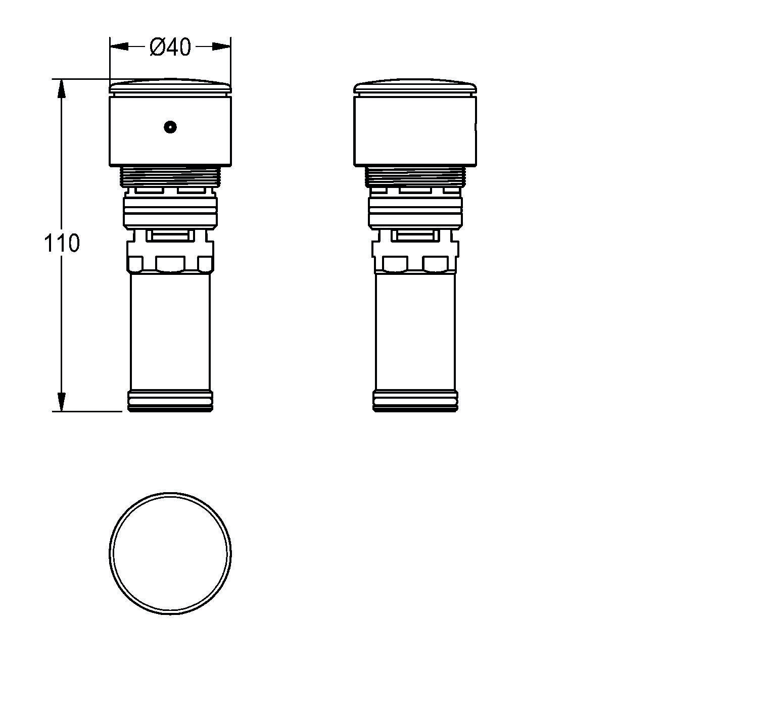 Technische Zeichnung eines zylindrischen Objekts mit Abmessungen. Höhe: 110 mm, Breite: 40 mm. Vorder- und Seitenansicht zur Detaildarstellung.