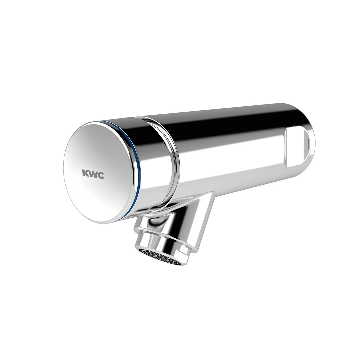 Ein schlanker, zylindrischer Chrom-Wasserhahn der Marke 'KWC', vor einem schwarzen Hintergrund platziert, der sein modernes Design zur Geltung bringt.