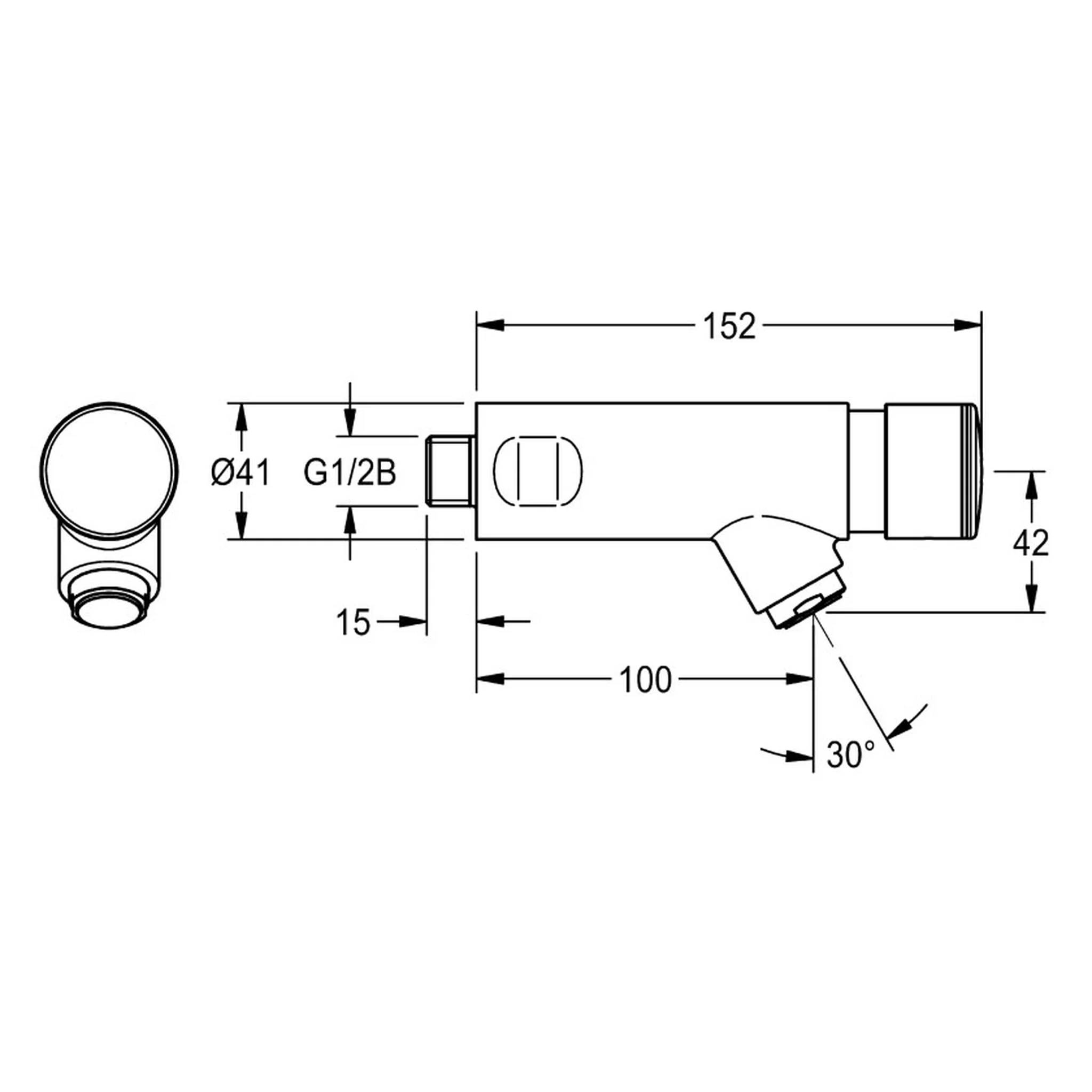 Technische Zeichnung einer Ventil- oder Armaturenverbindung mit Seiten- und Vorderansicht mit Abmessungen: 152 mm Länge, 42 mm Höhe, 100 mm Auslass, Ø41, G1/2B und 30° Winkel.