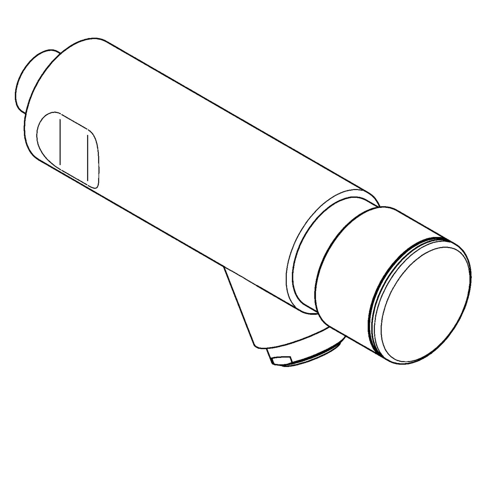 Strichzeichnung eines tragbaren zylindrischen Geräts mit einem Seitenschalter und einer vorderen Kreislinse, wahrscheinlich eine Taschenlampe oder ein tragbares elektronisches Werkzeug.