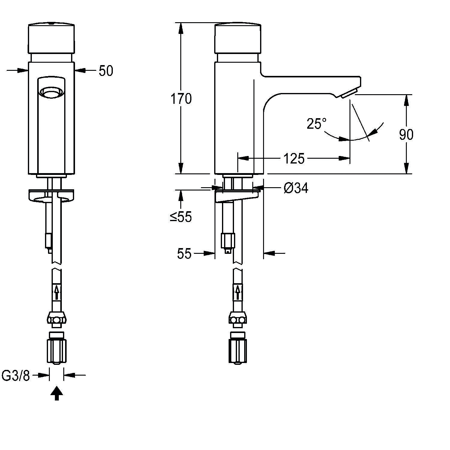 Technische Zeichnung eines Wasserhahns mit Abmessungen: Höhe 170 mm, Breite 90 mm, Auslaufwinkel 25 Grad und Rohrdurchmesser 34 mm.