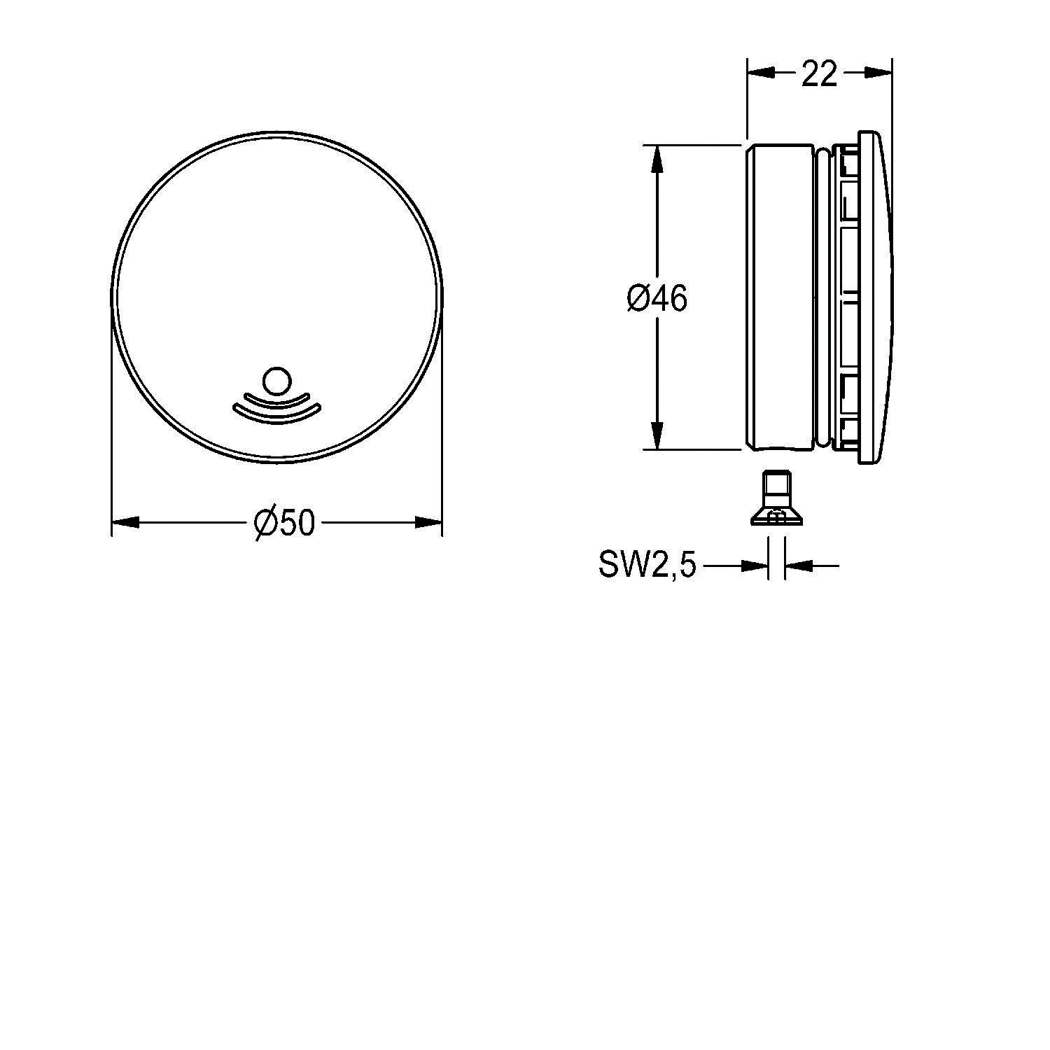 Technische Zeichnung mit Abmessungen eines kreisförmigen Bauteils: Durchmesser 50 mm Draufsicht, 46 mm und Höhe 22 mm Seitenansicht, SW2,5 mm.