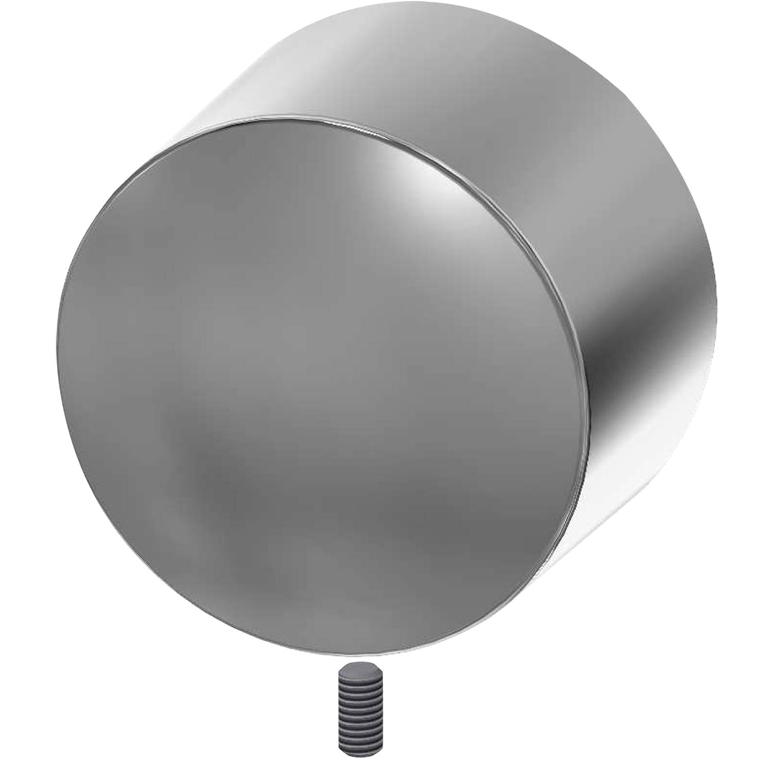 Eine glänzende, glatte metallische Trommel vor schwarzem Hintergrund, die einem modernen Perkussionsinstrument ähnelt, mit sichtbarem Gewinde darunter.