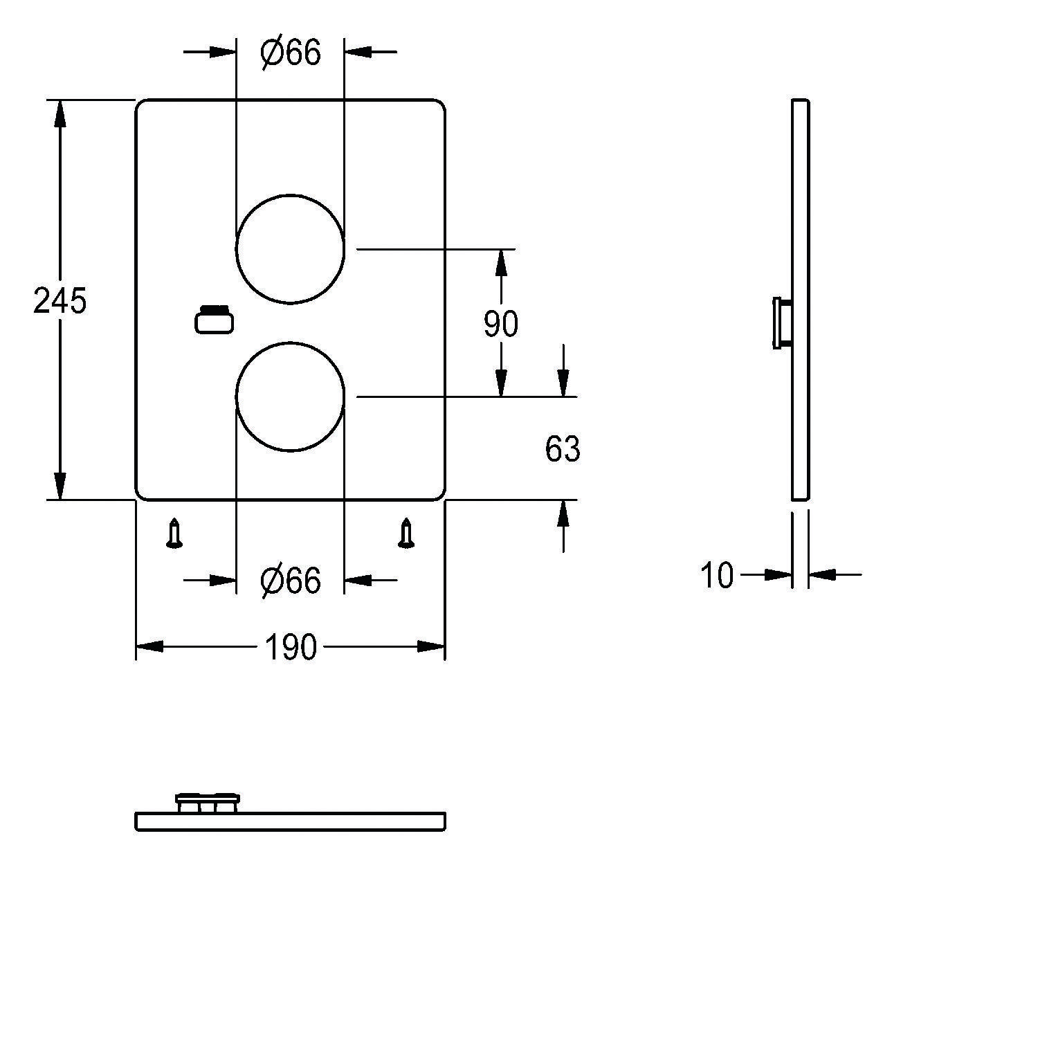 Technische Zeichnung einer Montageplatte für eine Meta Struktur. Abmessungen: Höhe 245 mm, Breite 190 mm, Tiefe 10 mm mit verschiedenen Lochdurchmessern und -positionen.