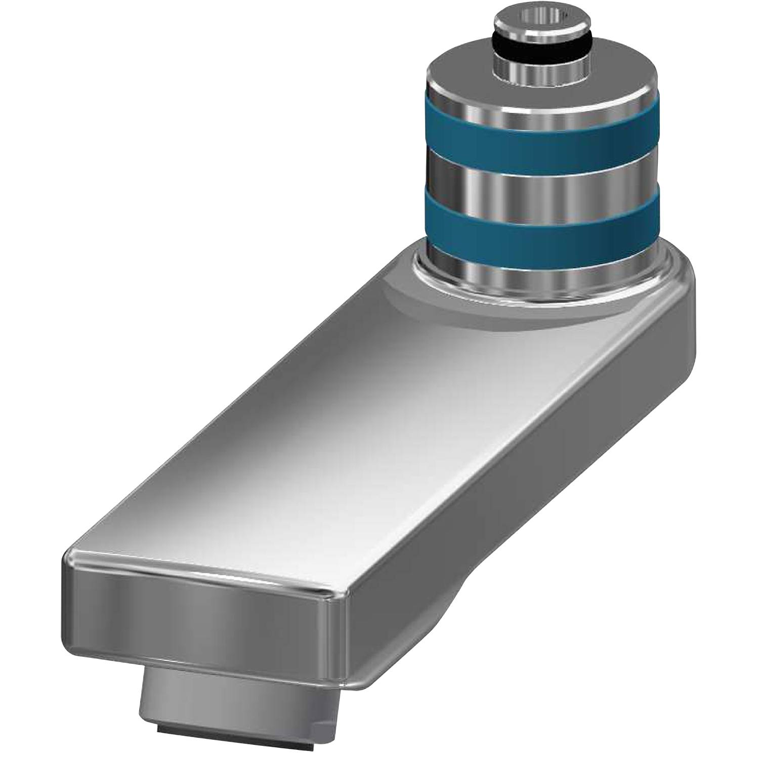 Ein metallischer USB-Stick mit rechteckigem Gehäuse und einer kreisförmigen Spitze, die blaue und schwarze Streifen aufweist, vor einem schwarzen Hintergrund.