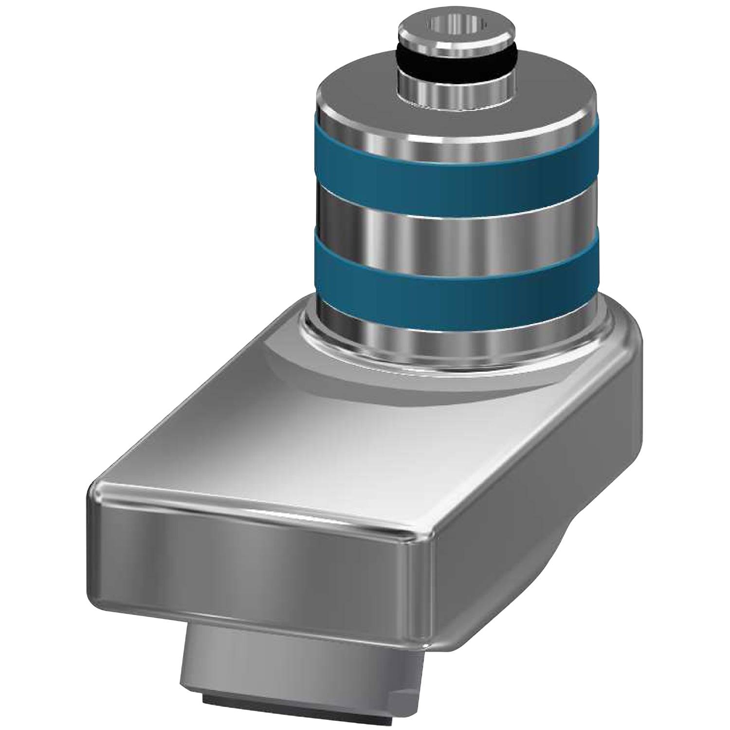 Eine 3D-Renderung eines metallischen und blauen mechanischen Teils mit einem zylindrischen Oberteil und rechteckiger Basis vor einem schwarzen Hintergrund.
