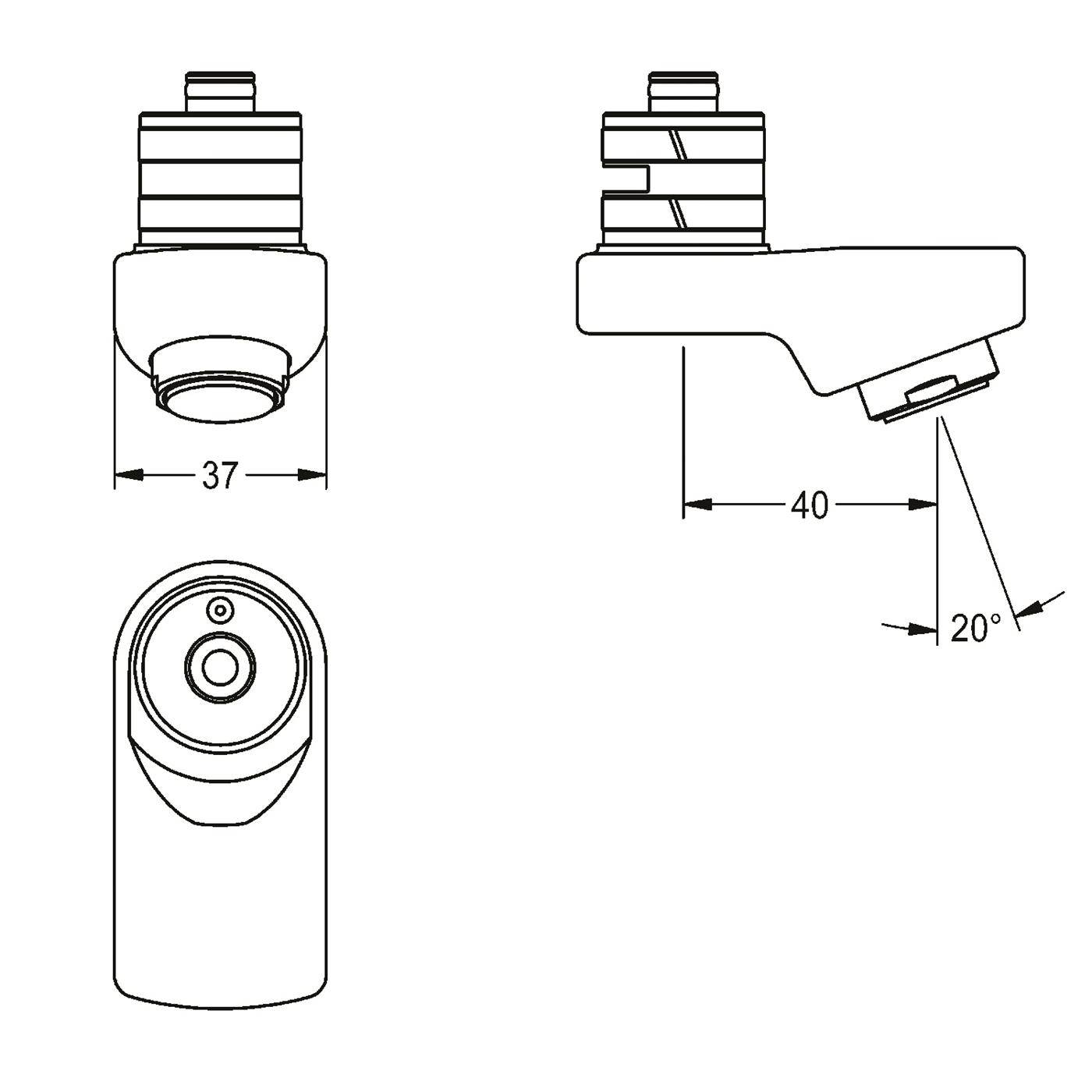 Technische Strichzeichnung einer Düse/eines Steckverbinders, dargestellt in Vorder-, Seiten- und Draufsicht mit den Abmessungen 37, 40 und einem Winkel von 20°.