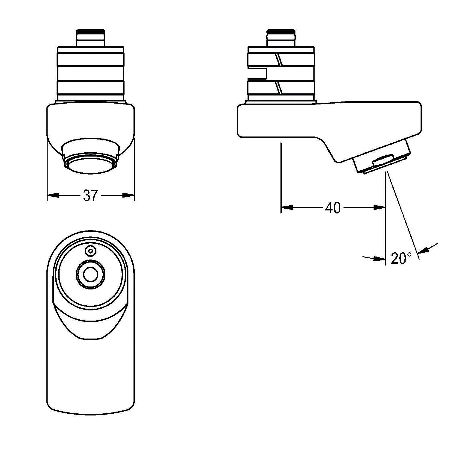 Technische Zeichnung einer Objektivhalterung mit drei Ansichten: Frontansicht mit einer Breite von 37 mm, Seitenansicht mit einer Länge von 40 mm und einem 20-Grad-Winkel.
