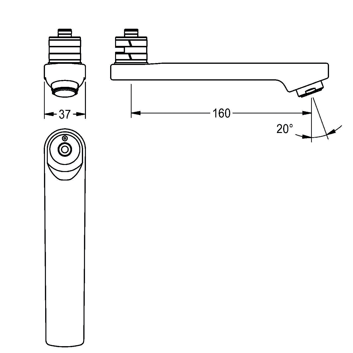 Technische Zeichnung eines Wasserhahnarmes mit Abmessungen: 37 mm Durchmesser Kopf, 160 mm Länge und ein 20-Grad-Winkel. Ansichten von oben und der Seite.