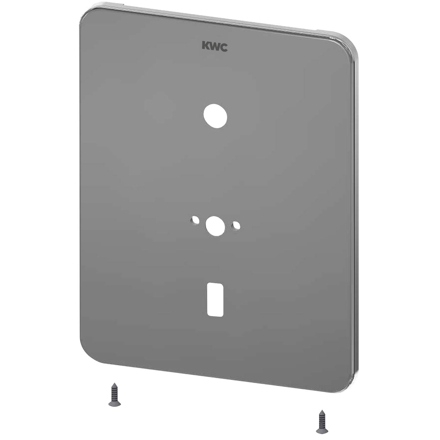 Ein wandmontiertes Metallpanel für ein KWC-System mit sichtbaren Befestigungslöchern und Schrauben, ausgelegt für eine sichere Installation.