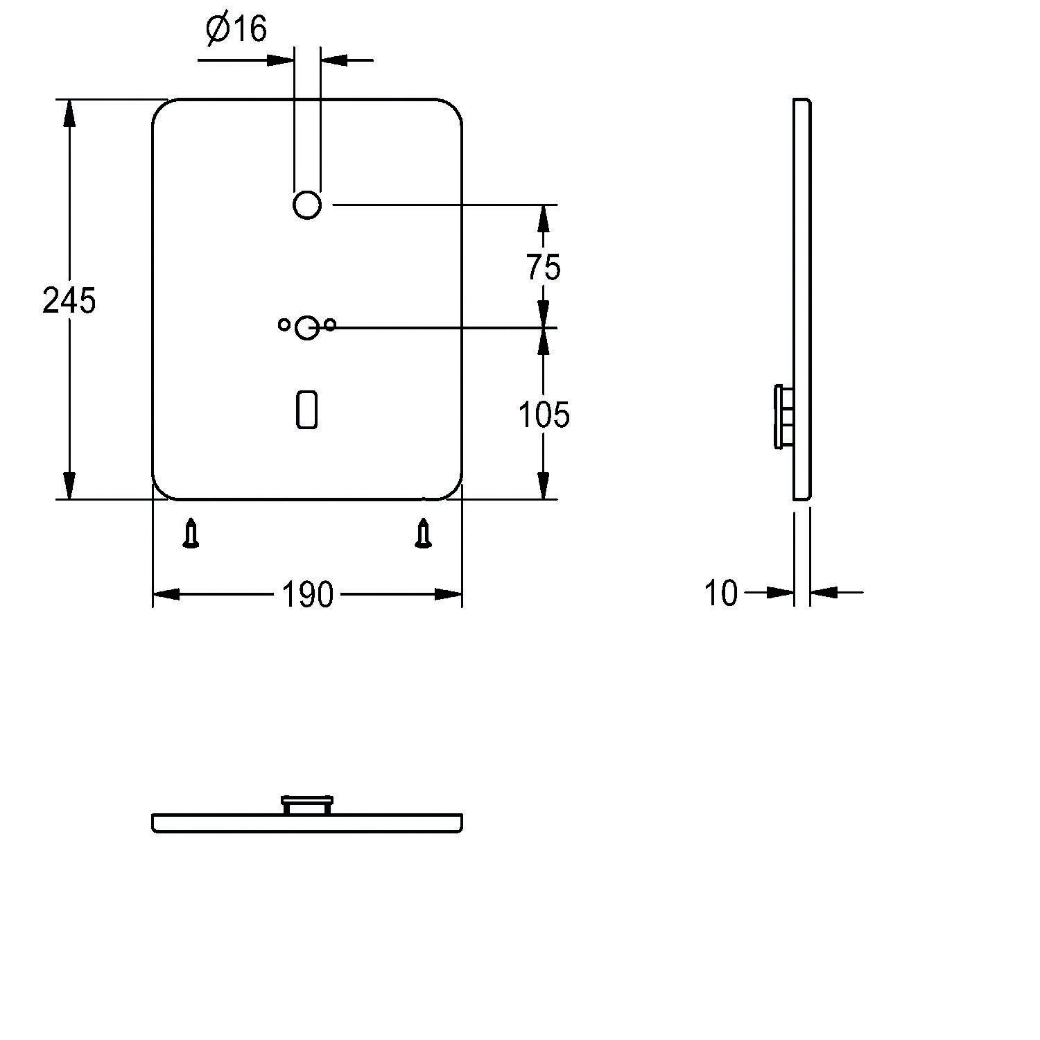 Technische Zeichnung mit Front- und Seitenansicht einer rechteckigen Metallplatte mit Abmessungen: Höhe 245 mm, Breite 190 mm, Tiefe 10 mm.