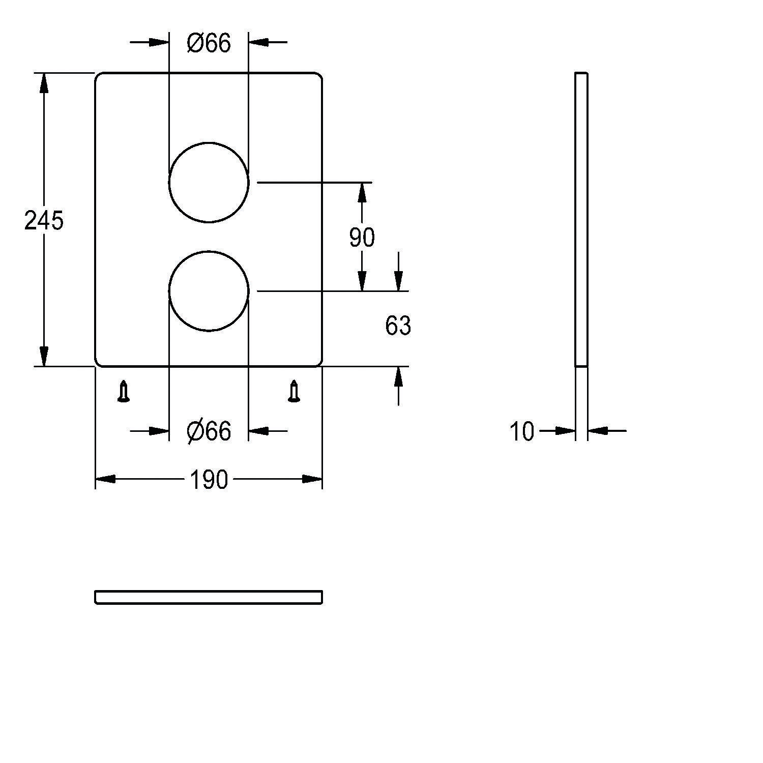 Technische Zeichnung einer rechteckigen Metallplatte mit zwei 66 mm Durchmesslöchern, 90 mm voneinander entfernt. Abmessungen: 245 mm x 190 mm, Dicke 10 mm.