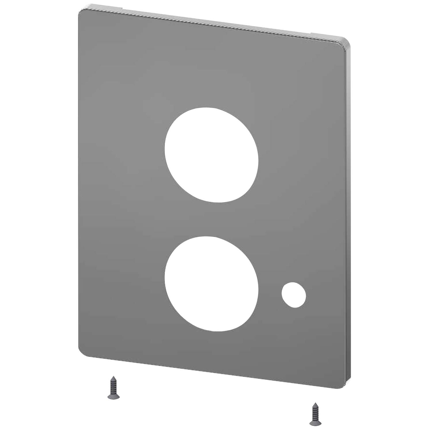 Schwarzes Panel mit zwei großen kreisrunden Öffnungen und einem kleinen kreisrunden Loch, dargestellt mit zwei Schrauben zur Installation vor schwarzem Hintergrund.