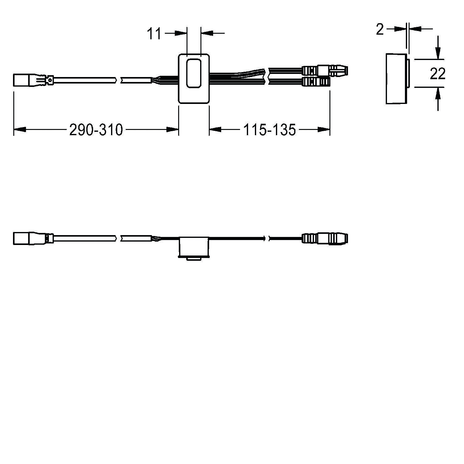 Technische Zeichnung eines Kabels mit Messungen: 290-310 mm und 115-135 mm. Anschlüsse und Dimensionen von 11 mm und 2 mm dargestellt.