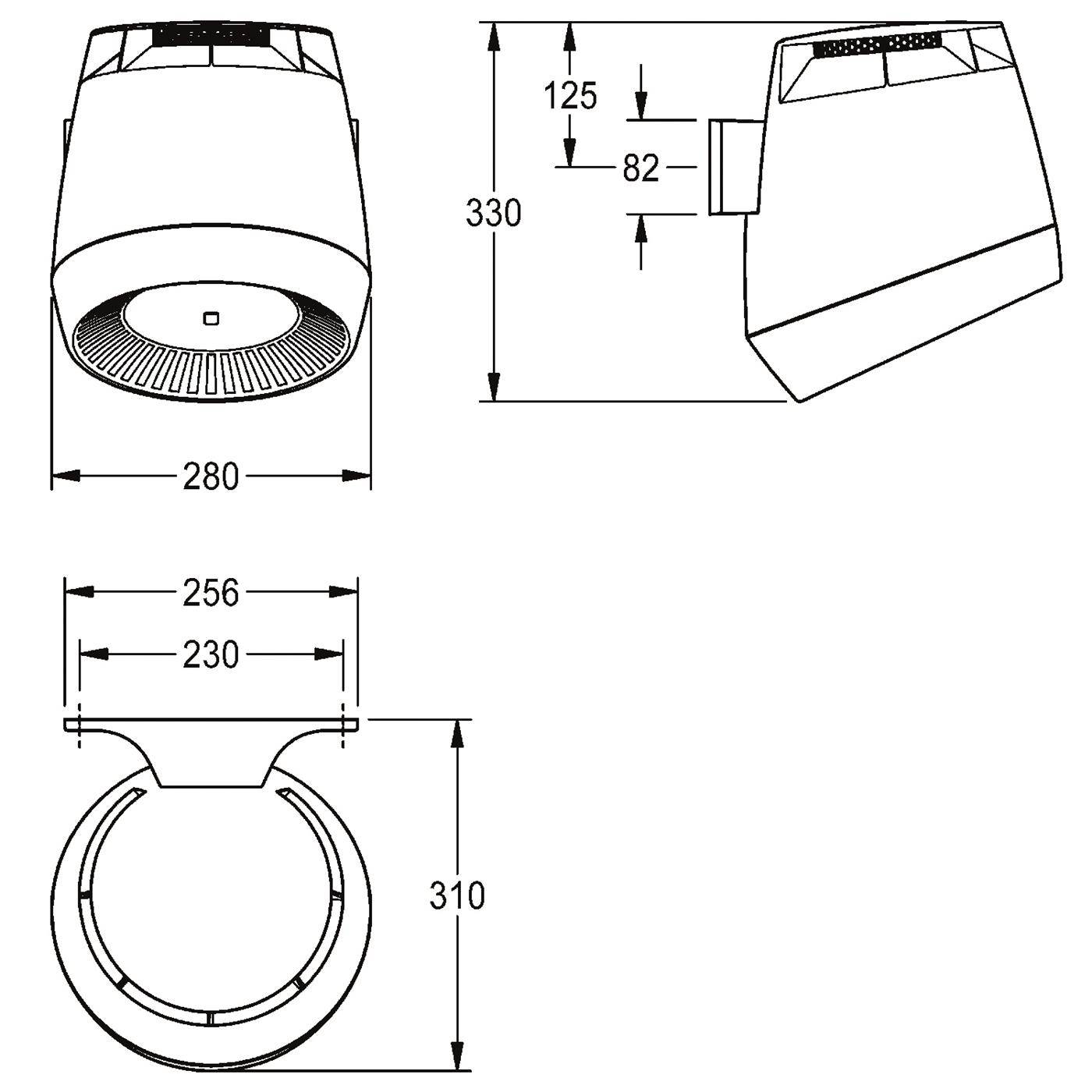 Technische Zeichnung eines wandmontierten Spenders, dargestellt in Front-, Seiten- und Draufsicht mit Abmessungen: 280 mm Breite, 330 mm Höhe, 310 mm Tiefe und 256/230 mm obere Breiten.