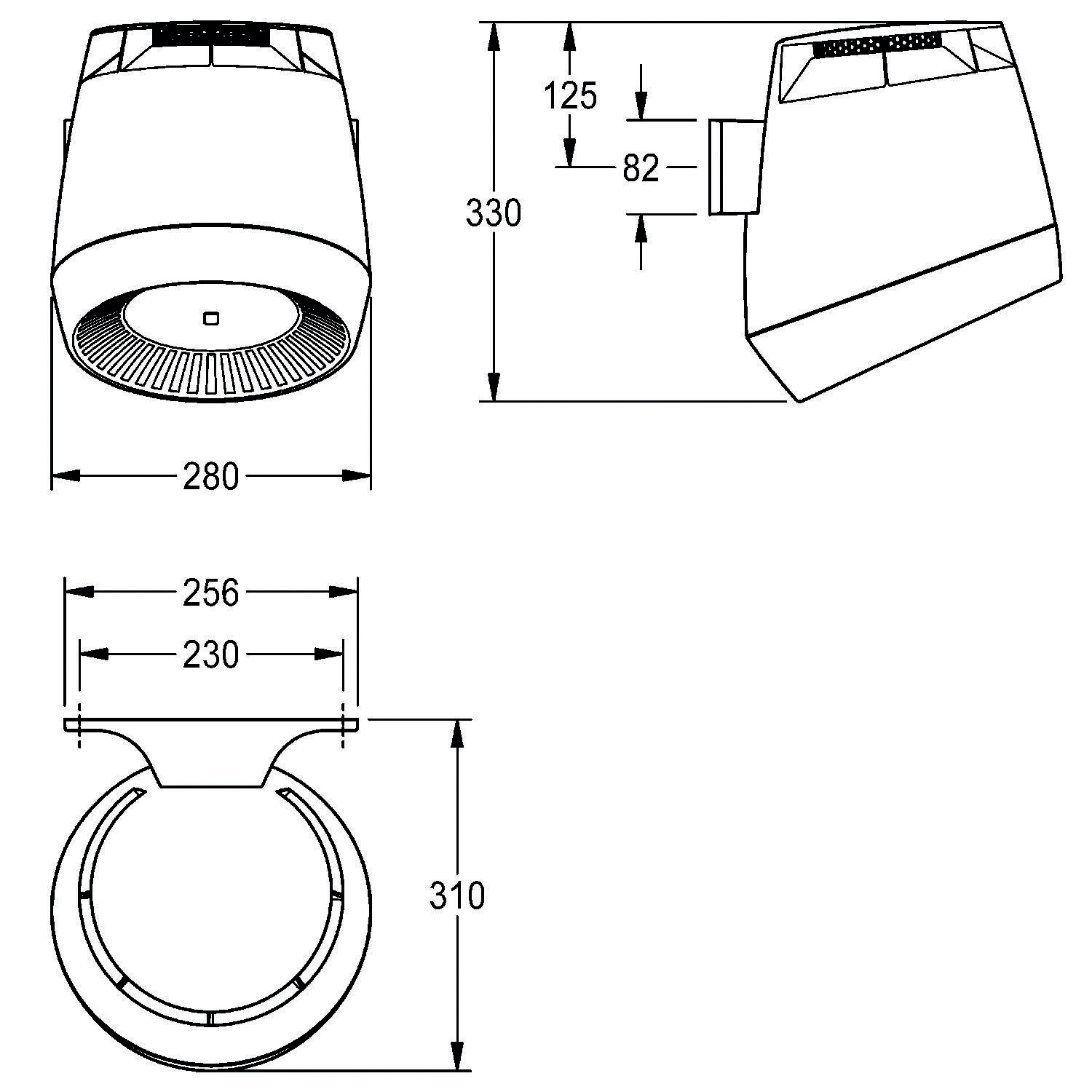 Technische Zeichnung eines wandmontierten Händetrockners mit Abmessungen: 280 mm breit, 330 mm hoch, 82 mm Tiefe (Auskragung), und 310 mm Gesamthöhe inklusive Wandhalterung.