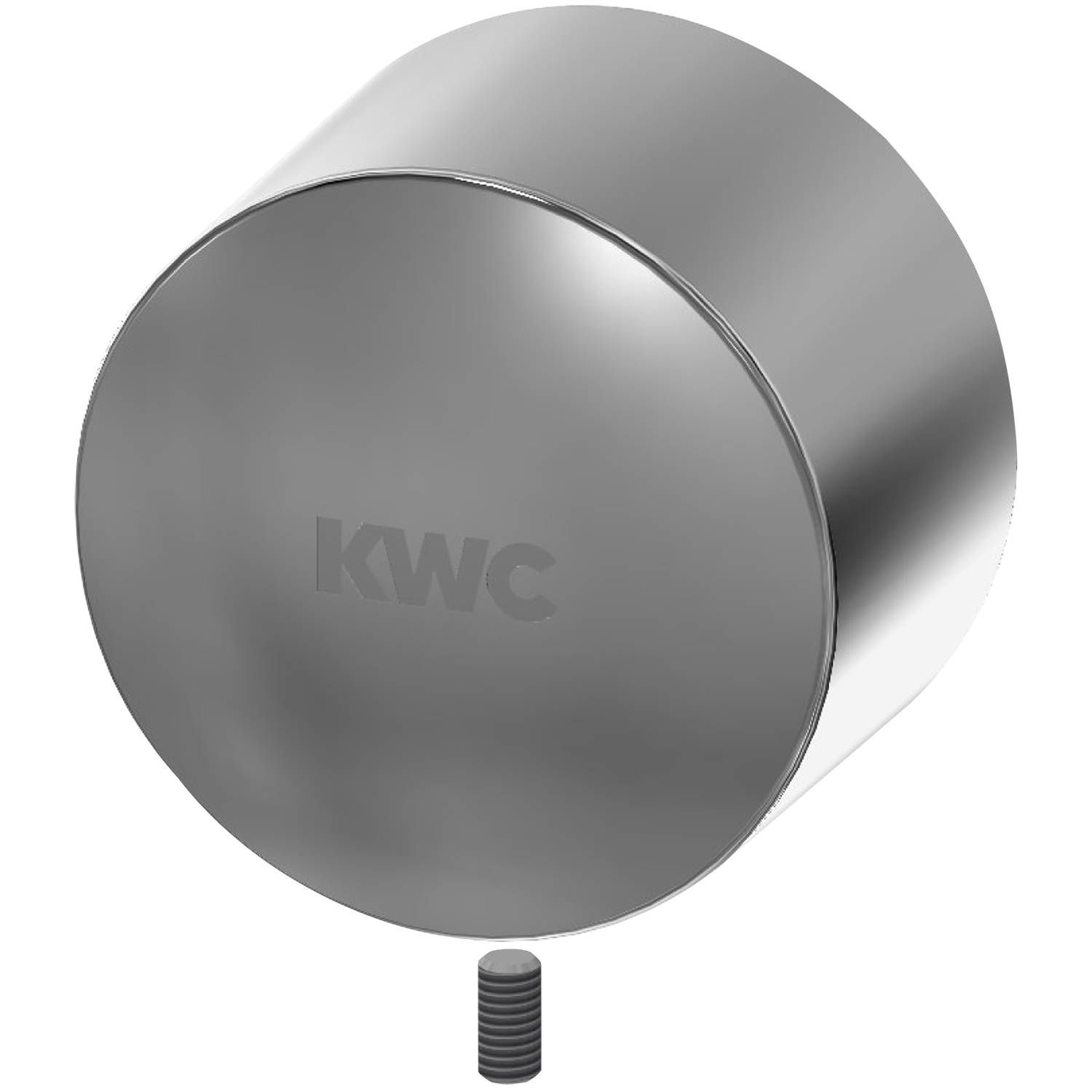 Ein glatter, metallischer, zylindrischer Gegenstand mit den Buchstaben 'KWC', die auf seiner flachen Oberfläche eingraviert sind, und der auf einer Gewindeschraube darunter ruht.