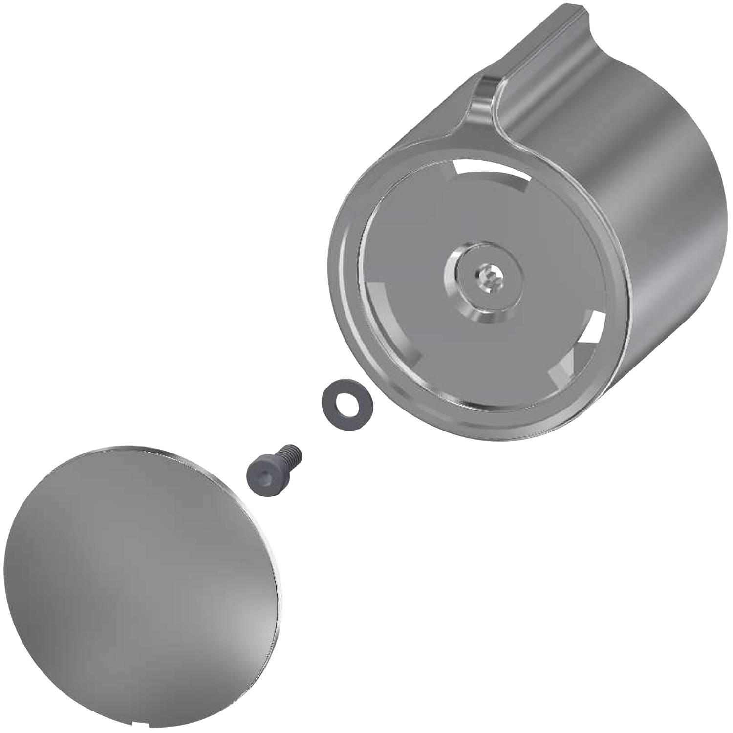 Silberner zylindrischer Verschlussmechanismus mit abgenommener Rückplatte, zwei Schrauben und einer Scheibe vor einem schwarzen Hintergrund.