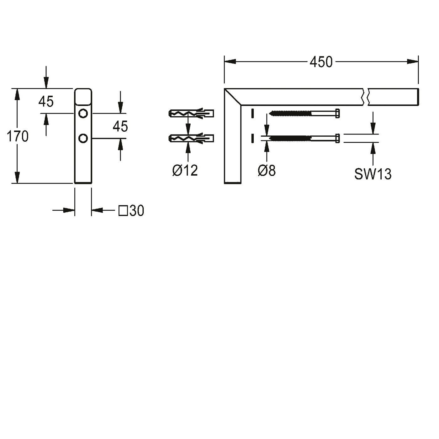 Technische Zeichnung einer L-förmigen Halterung mit Abmessungen: 170 mm Höhe, 450 mm Arm, 30 mm Breite, 45 mm Lochabstand, und Ø12/Ø8 Befestigungselemente mit SW13 Schlüsselweite.