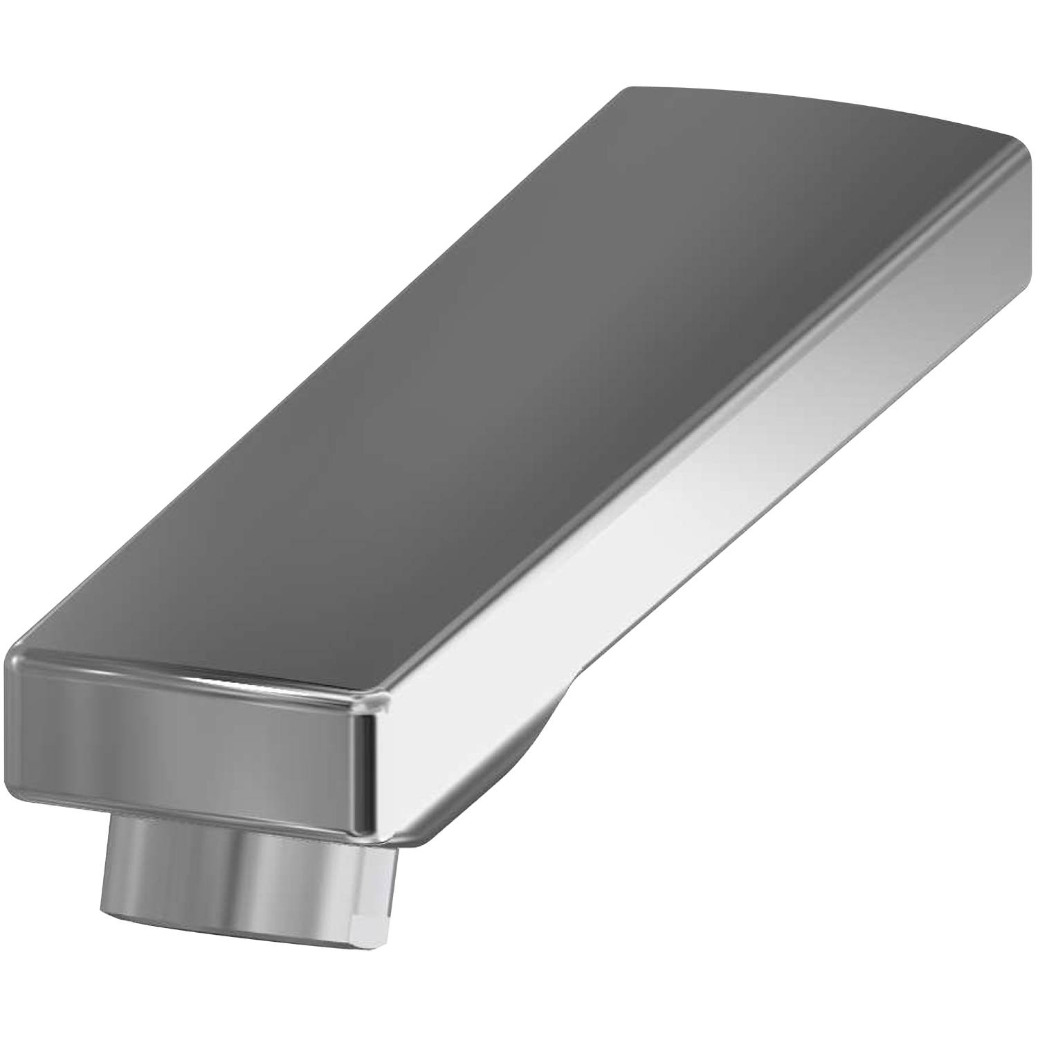Eine schlanke, moderne Badewannenarmatur aus Metall, die nach links geneigt ist, vor einem schwarzen Hintergrund.