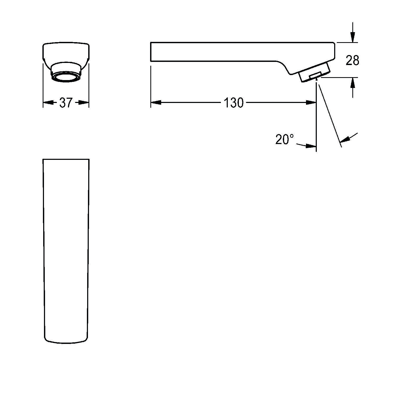 Diagramm einer Armatur in Seiten- und Draufsicht mit Maßangaben: Auslauflänge 130 mm, Winkel 20 Grad, Breite 37 mm, Höhe 28 mm.
