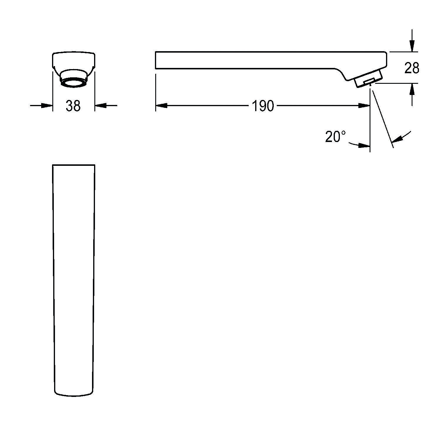 Technische Zeichnung eines Griffdesigns mit Maßangaben: Länge 190 mm, Breite 38 mm, Höhe 28 mm und ein 20-Grad-Winkel.
