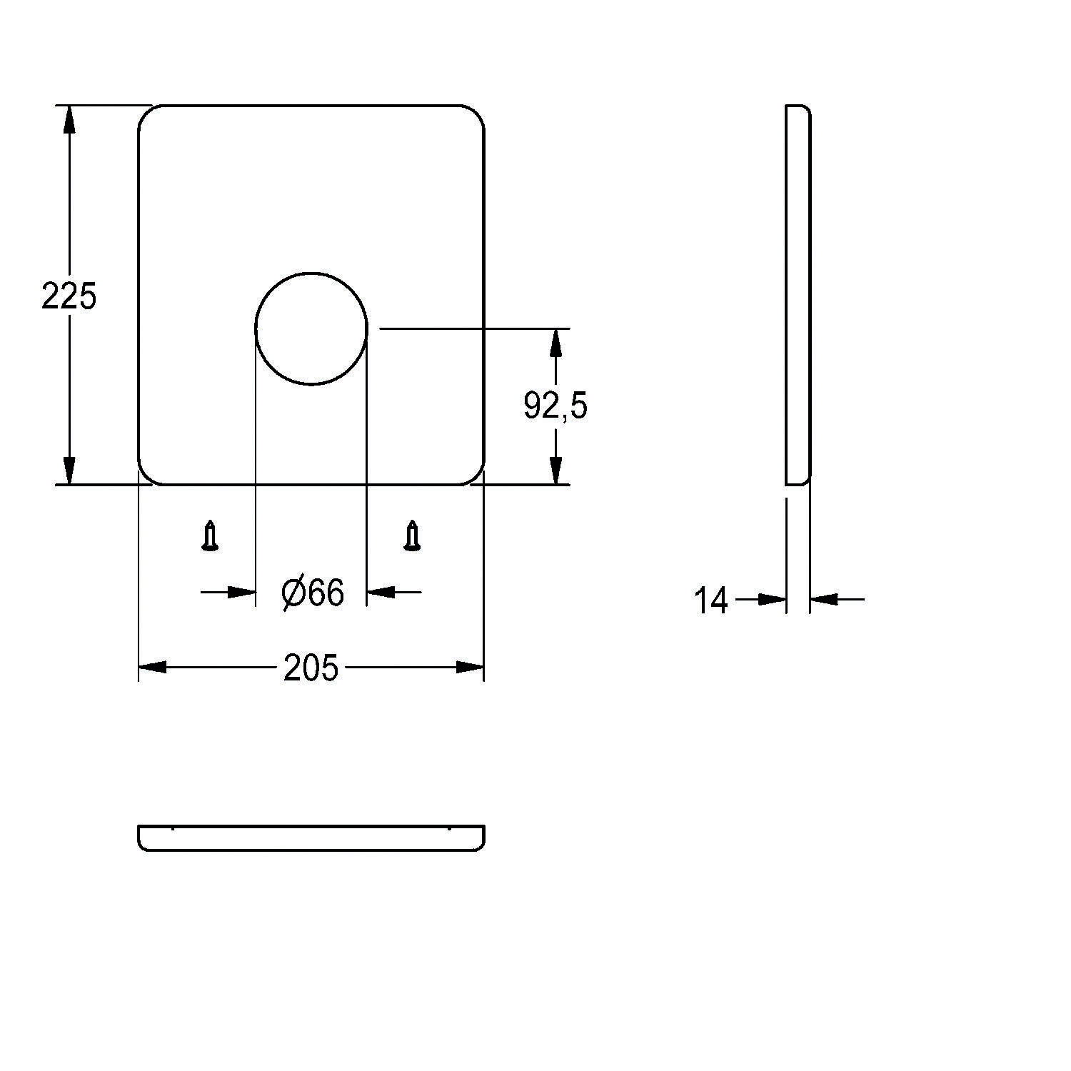 Technische Zeichnung einer quadratischen Platte mit Mittenausschnitt. Maße: 225 mm Höhe, 205 mm Breite, 92,5 mm Abstand vom Rand zum Ausschnitt, 14 mm Dicke.