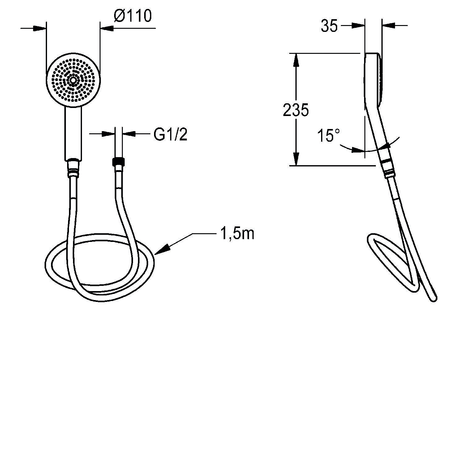 Diagramm eines Handbrausekopfs mit Maßen: Durchmesser 110 mm, Schlauchlänge 1,5 m und Kopfwinkel 15 Grad. Anschlussgrößen G1/2.