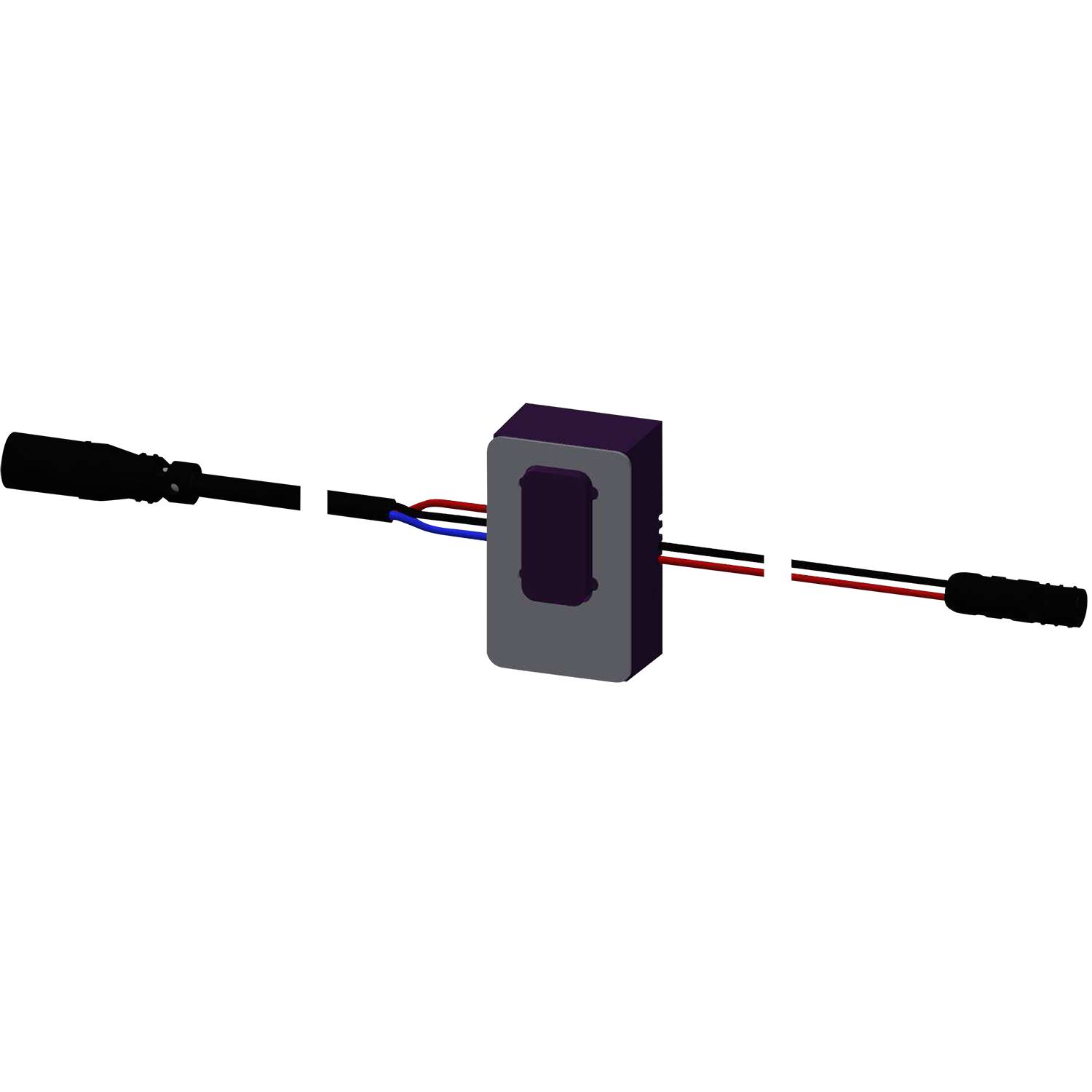 Ein 3D-Modell eines rechteckigen elektronischen Geräts mit schwarzen Kabeln, die von beiden Enden abstehen, vor einem schwarzen Hintergrund.