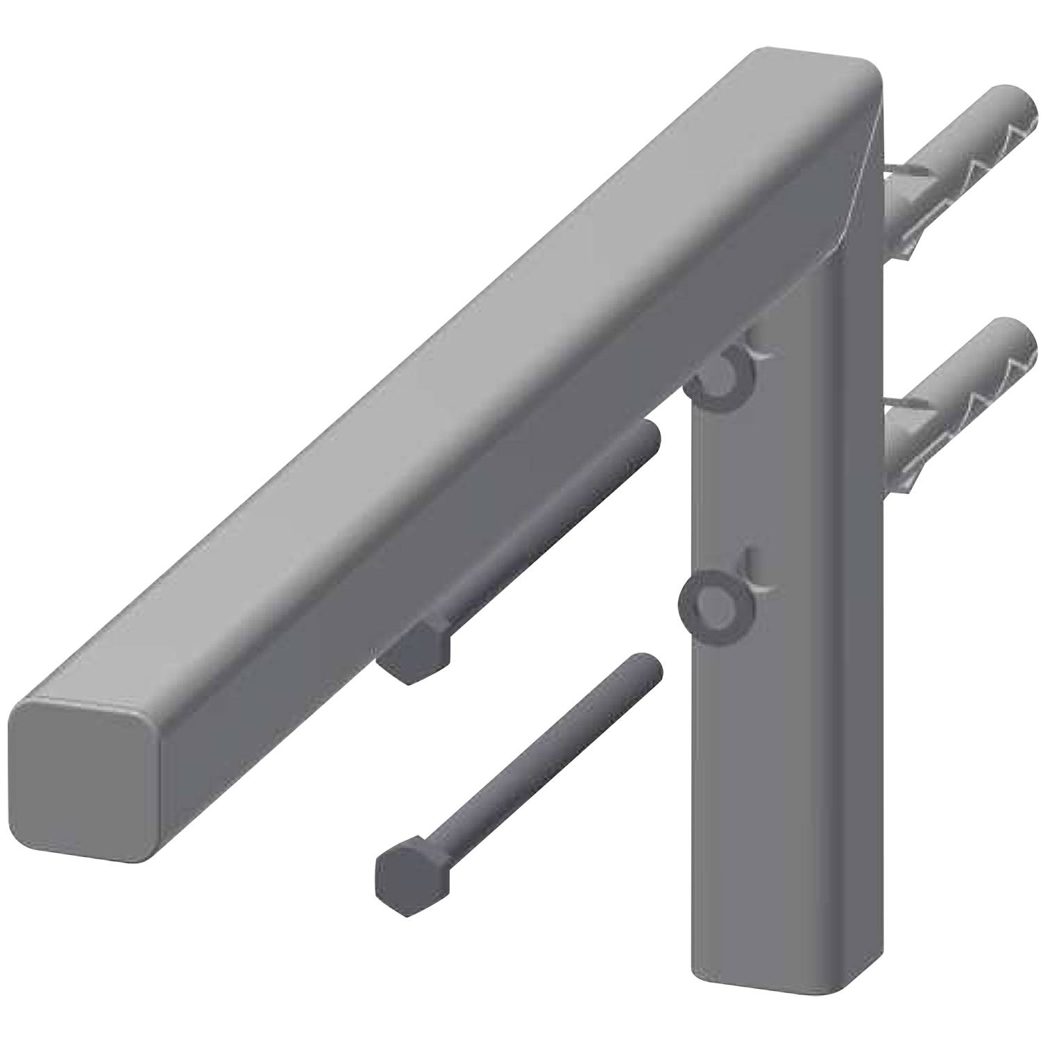 Ein 3D-Modell eines Scharniers mit drei Komponenten: zwei senkrecht zueinander ausgerichtete Scharnierlappen und einen zylindrischen Stift zur Befestigung.