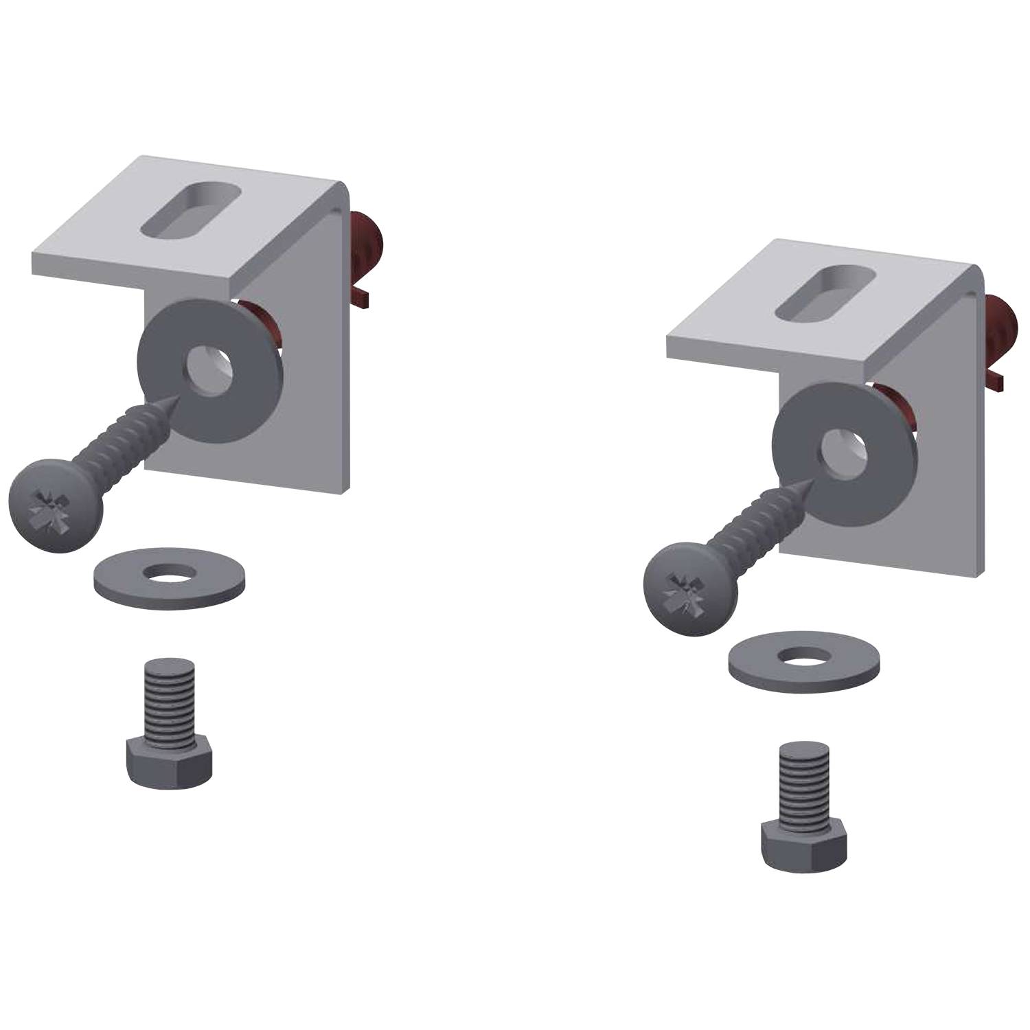 Zwei Winkelmetallhalterungen mit Schrauben, Unterlegscheiben und Bolzen. Eine Halterung zeigt eine vollständige Montage, die andere präsentiert die zerlegten Einzelteile.