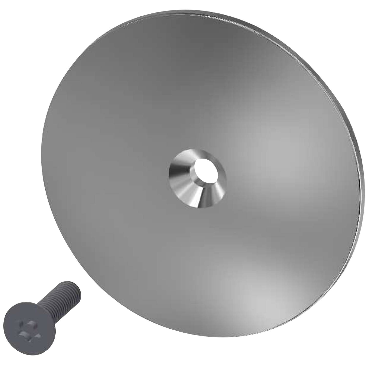 Kreisförmige Scheibe mit einem zentralen Loch und einer Metallschraube darunter. Die Scheibe scheint ein Teil oder eine Komponente zu sein, die wahrscheinlich in Maschinen verwendet wird.