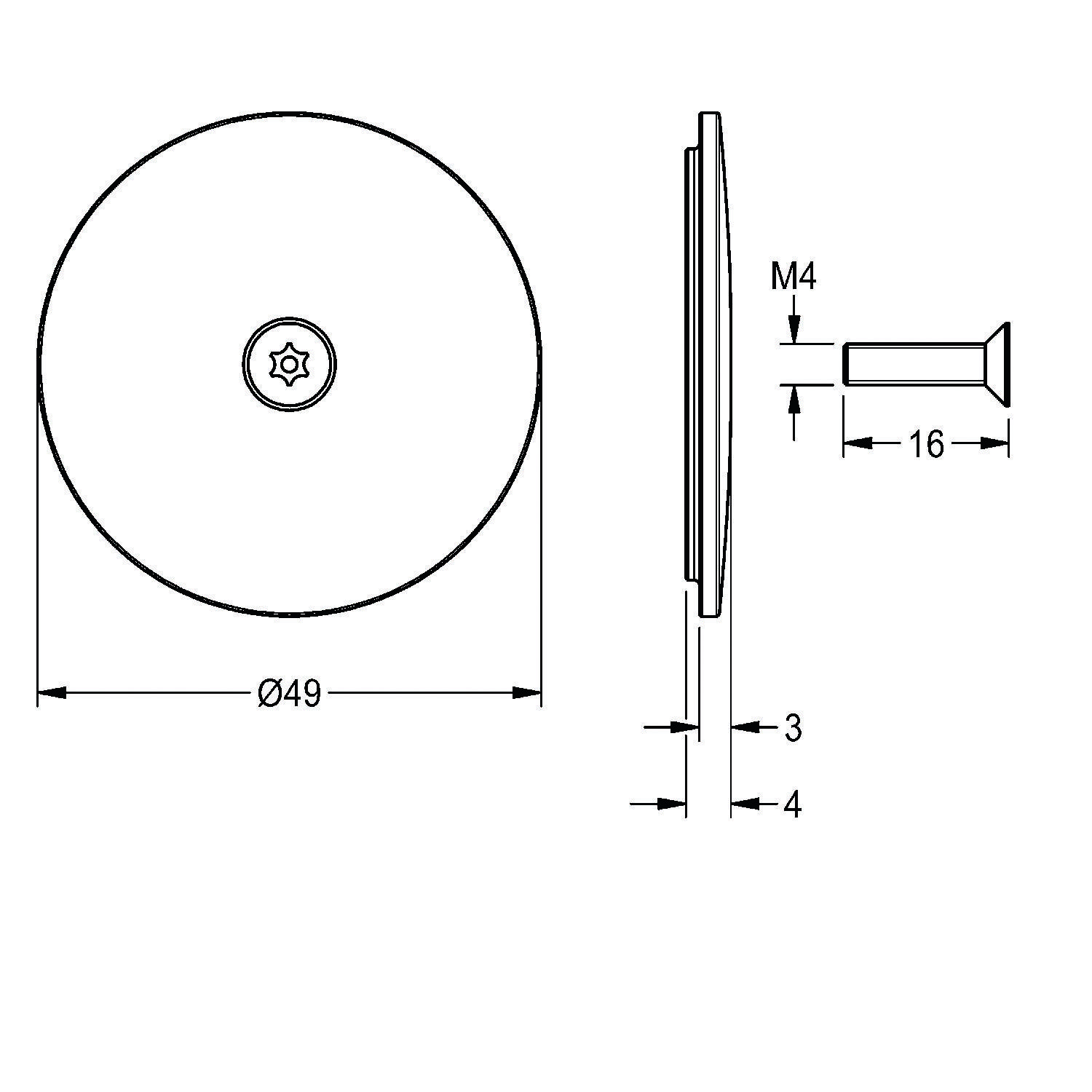 Technische Zeichnung einer Scheibe mit einem Durchmesser von 49 mm. Seitenansicht mit Maßangaben: 3 mm Dicke, 4 mm Versatz. Schraube mit Bezeichnung 'M4', 16 mm lang.