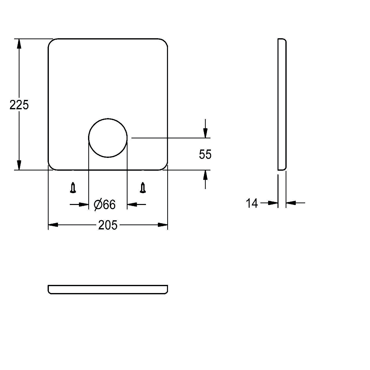 Quadratische Metallplatte, 225 mm Seitenlänge, zentrales Loch mit 66 mm Durchmesser; 55 mm über der unteren Kante, 14 mm dick. Seiten- und Draufsicht dargestellt.