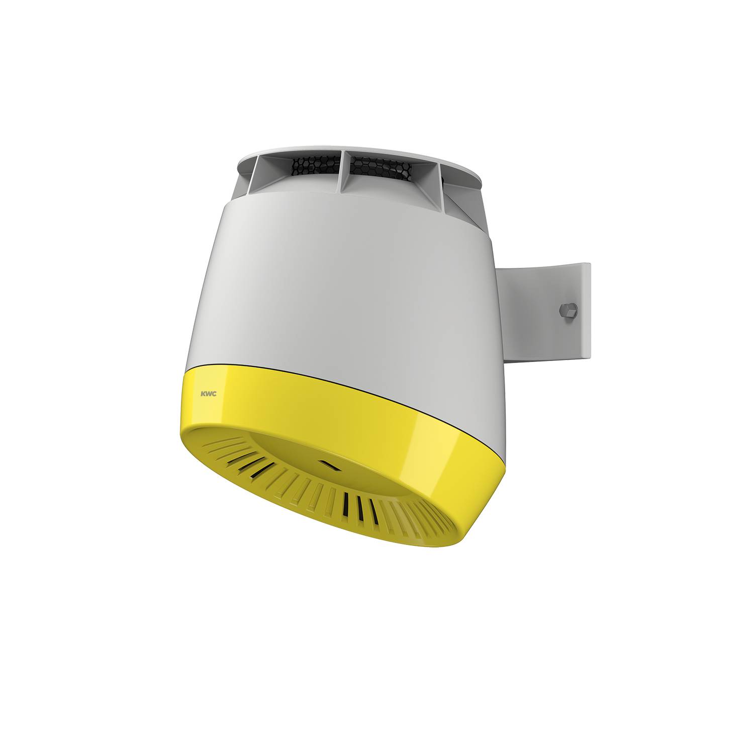 Ein weiß-gelbes, an der Wand montiertes Gerät, möglicherweise ein Detektor oder Sensor, mit einem belüfteten Abschnitt am unteren Ende und einer Halterung zur Befestigung.