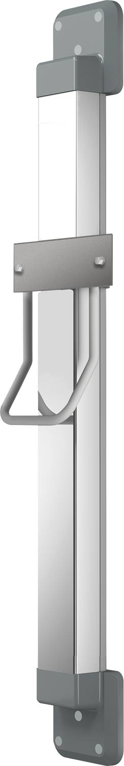 Eine Nahaufnahme eines schlanken, modernen Türgriffs, der an einer Glastür mit geometrischem Design angebracht ist und dessen minimalistische Ästhetik hervorhebt.