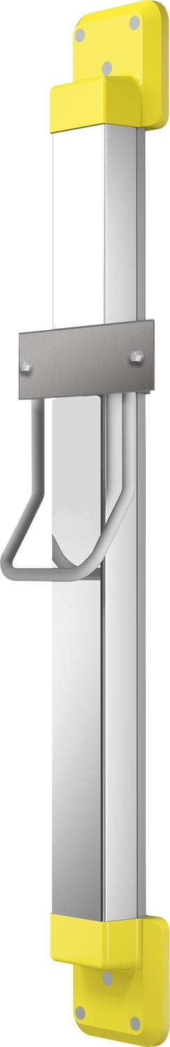 Eine vertikale Haltegriff aus Metall, der an einer glatten Oberfläche befestigt ist und höchstwahrscheinlich für Stabilitätsunterstützung oder Zugänglichkeitszwecke entwickelt wurde.