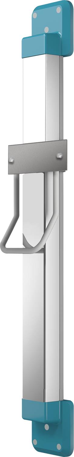 Ein moderner, metallischer Türgriff mit elegantem, eckigem Design, der an einer Glastür vor einem schwarzen Hintergrund befestigt ist.